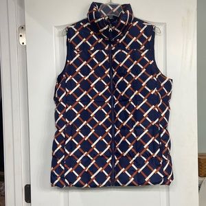 Lands End Down/Feather Women’s Vest Navy/White/Copper design Size L/T- 14-16 EUC